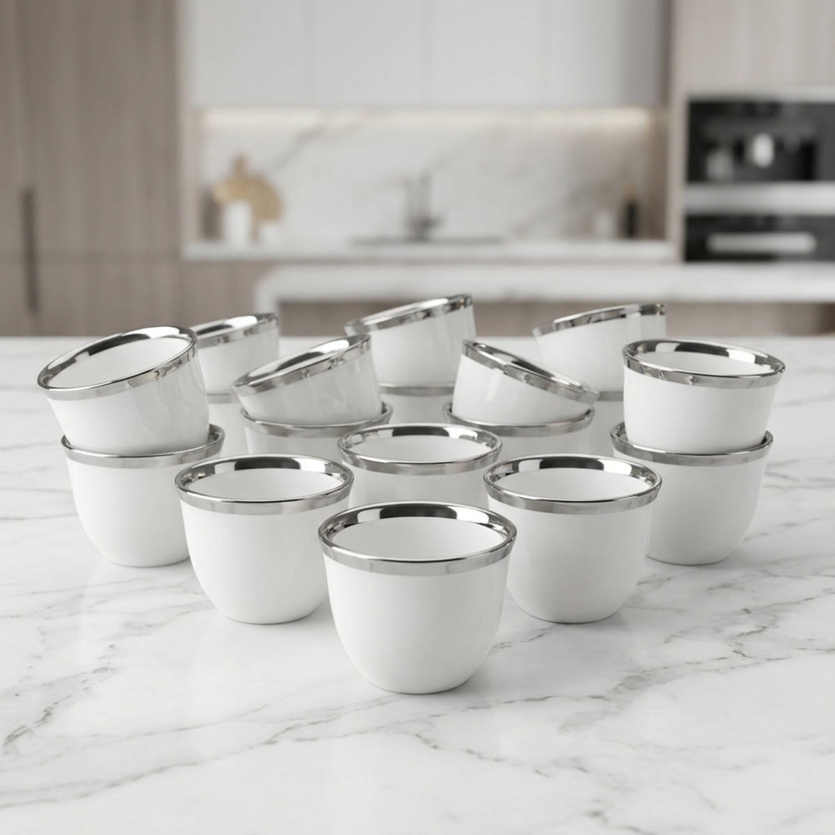 Silver Rim White 80cc Cawa Cup Set 12 Pieces Set