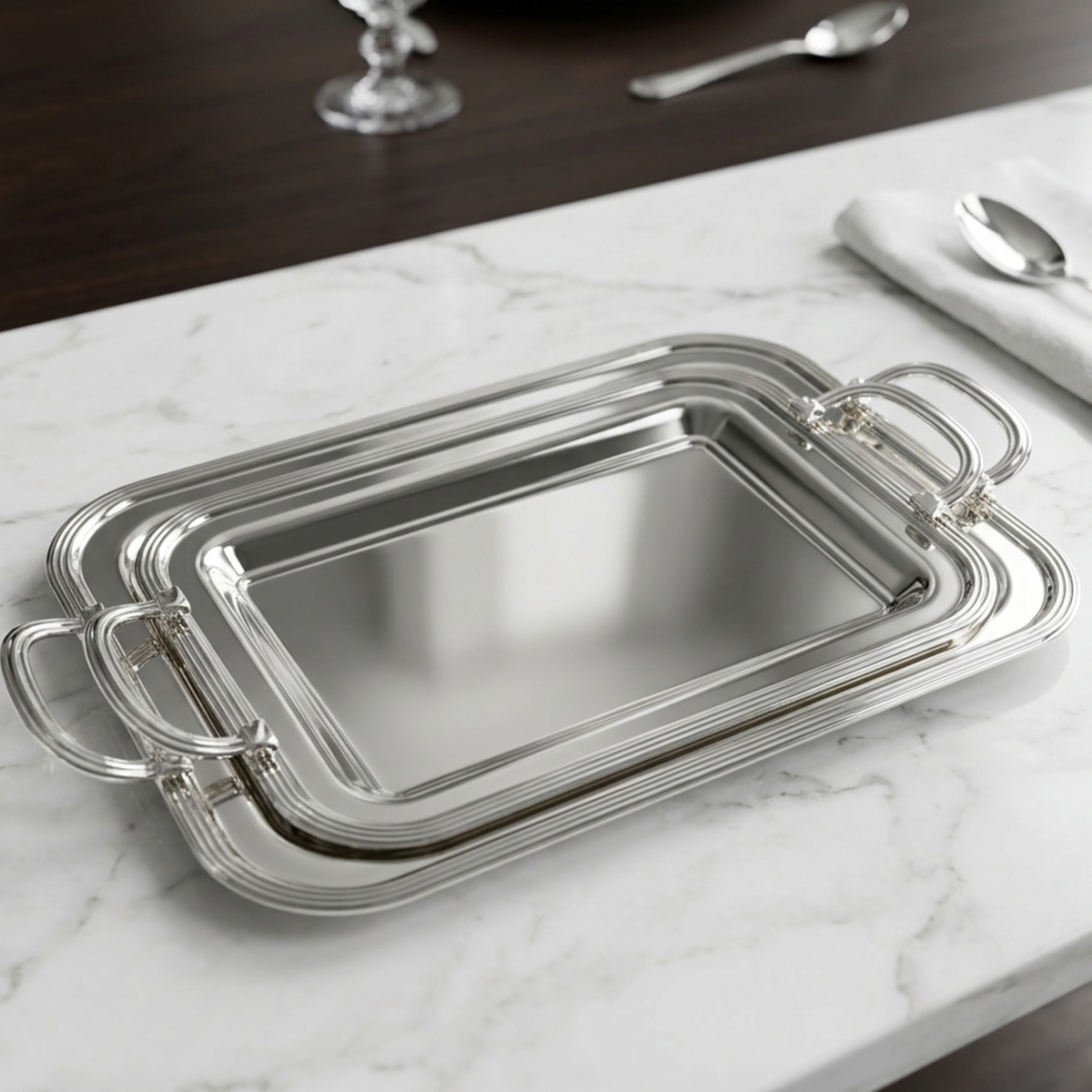 Reflective Stainless Steel Tray 2 Pieces Set