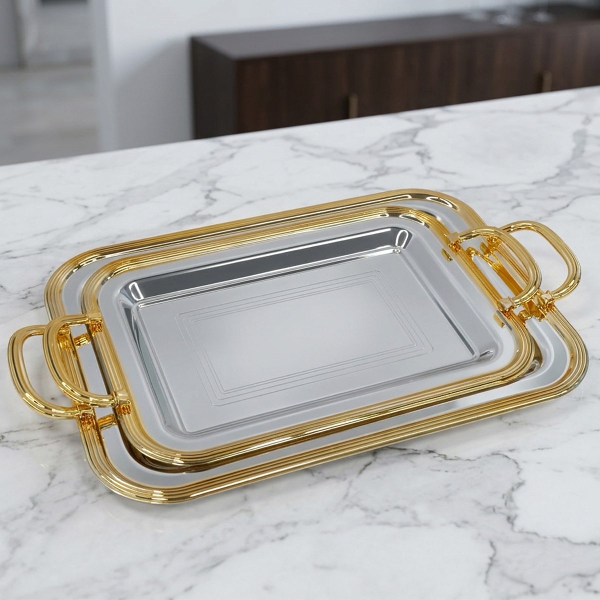 Golden Color Rimed Stainless Steel Tray 2 Pieces Set