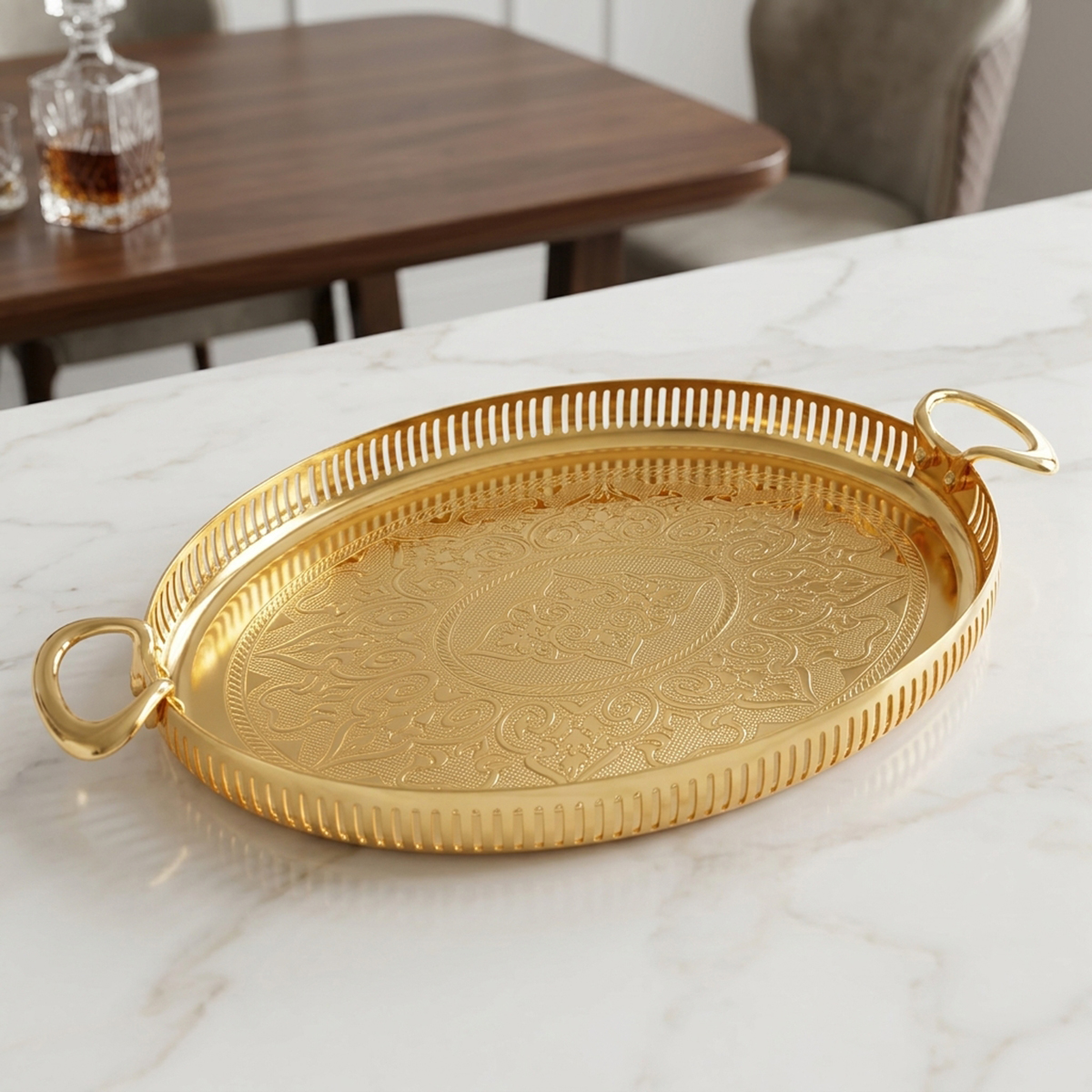 Golden Color Stainless Steel Oval Serving Tray With Gallery Rim
