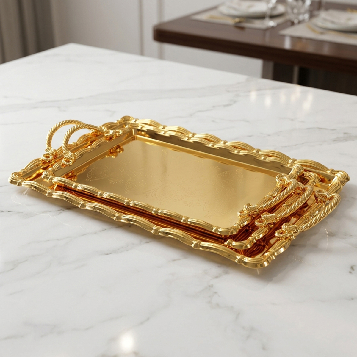 Glossy Golden Color Tray 2 Pieces Set