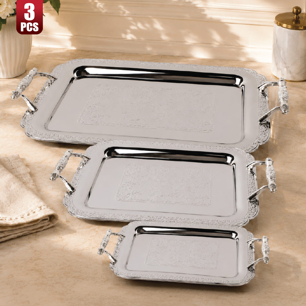 Elegant Stainless Steel Silver-Plated Serving Trays Set of 3