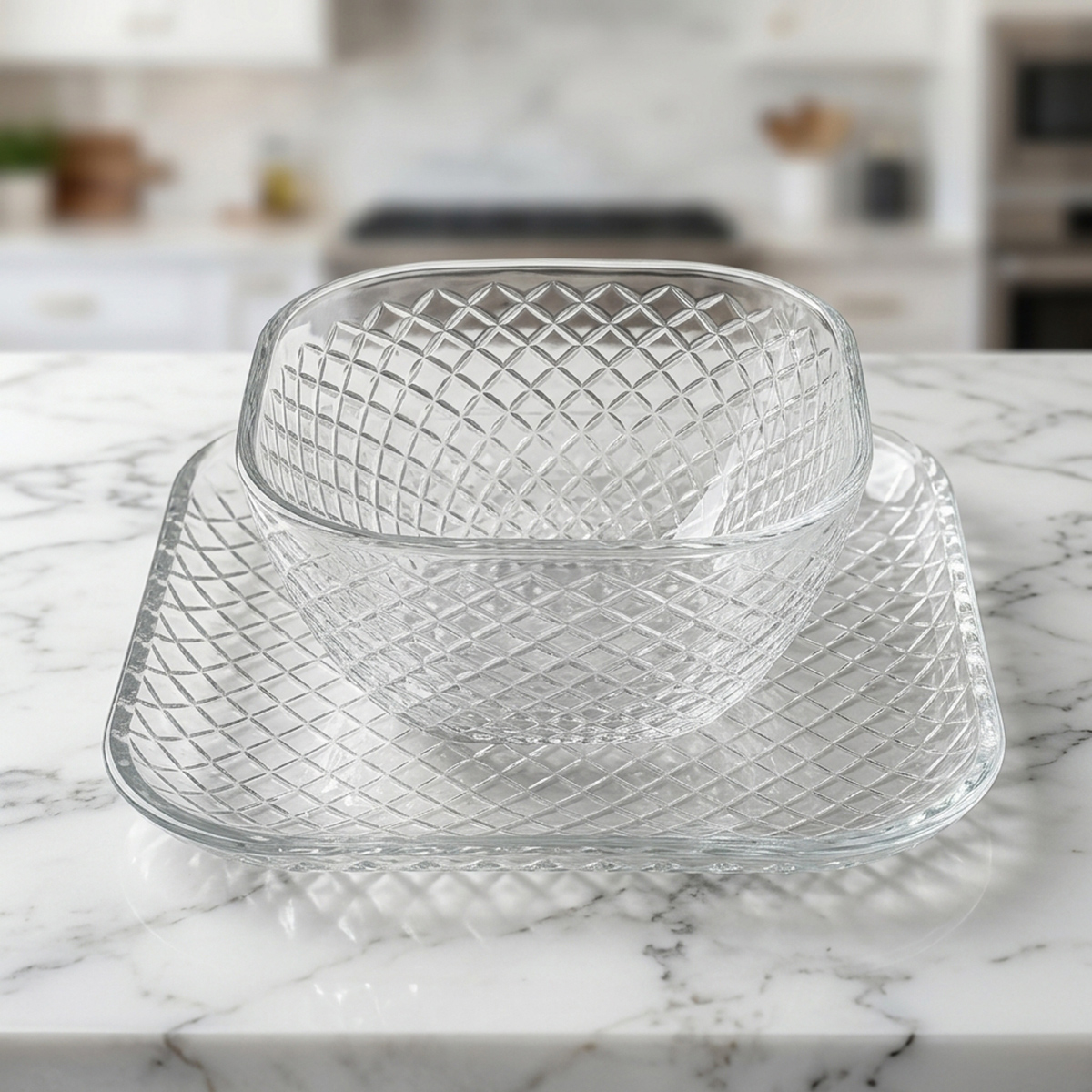 Diamond Patterned Clear Glass Bowl With Saucer