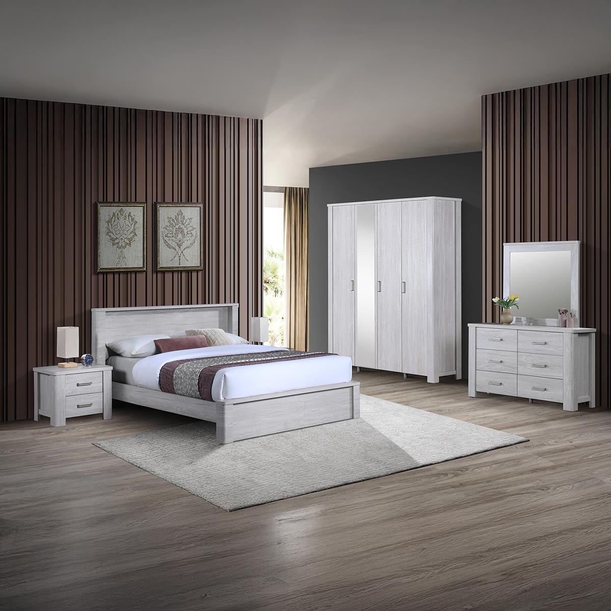 طقم غرفة نوم بحجم كوين (سرير 150 × 190 سم، طاولتان جانبيتان، خزانة ملابس، طاولة تزيين)