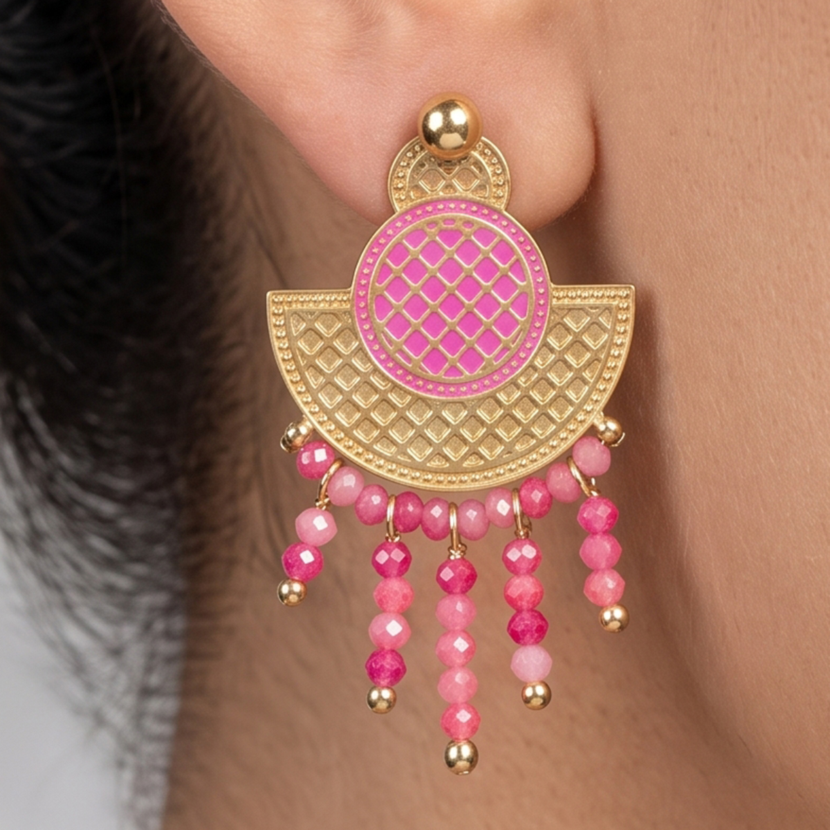 Ladies Earrings Pink And Golden