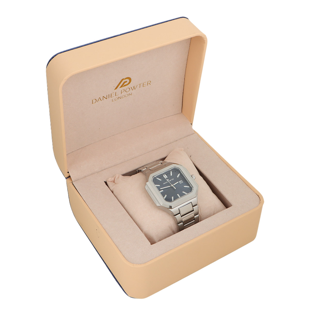 Daniel Powter Women Classical Luxury Watch Stainless Steel Blue Square Dial With Display Date & Silver Strap W-1095