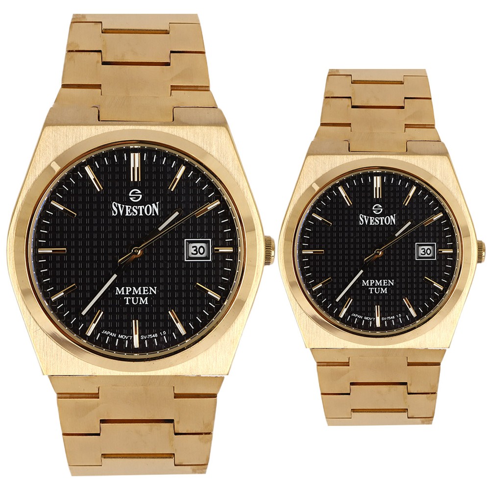 Sveston Couples Watch In Golden & Black Color 2315 IPS