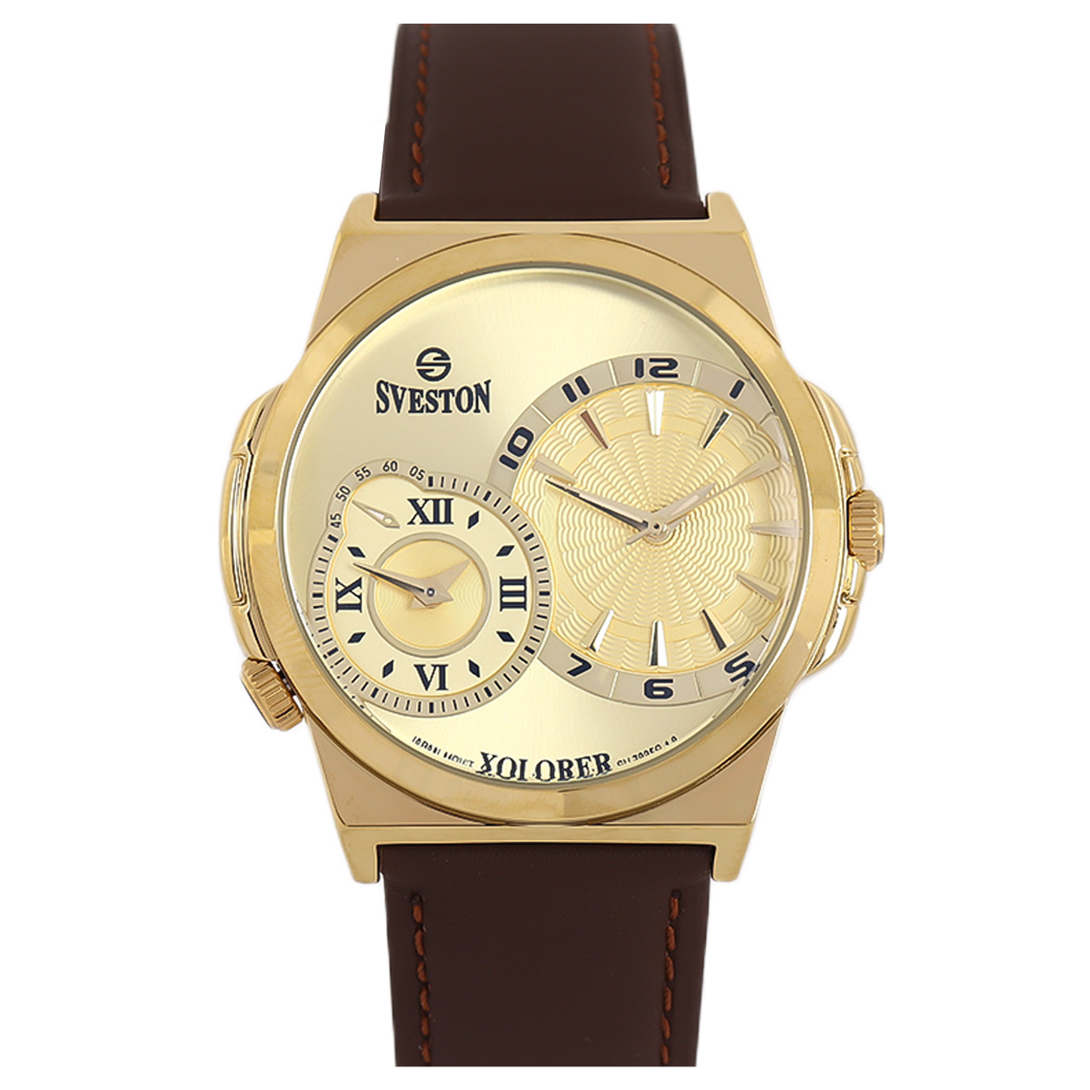 Sveston Xplorer Leather Strap Watch For Men In Brown & Golden Color