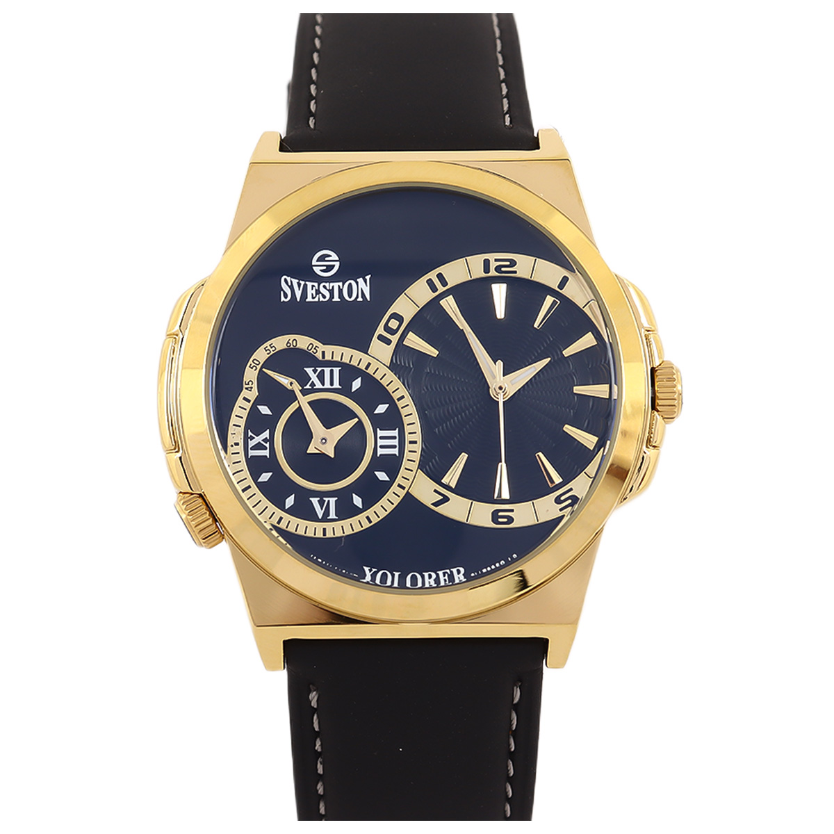 Sveston Xplorer Leather Strap Watch In Black & Golden Color