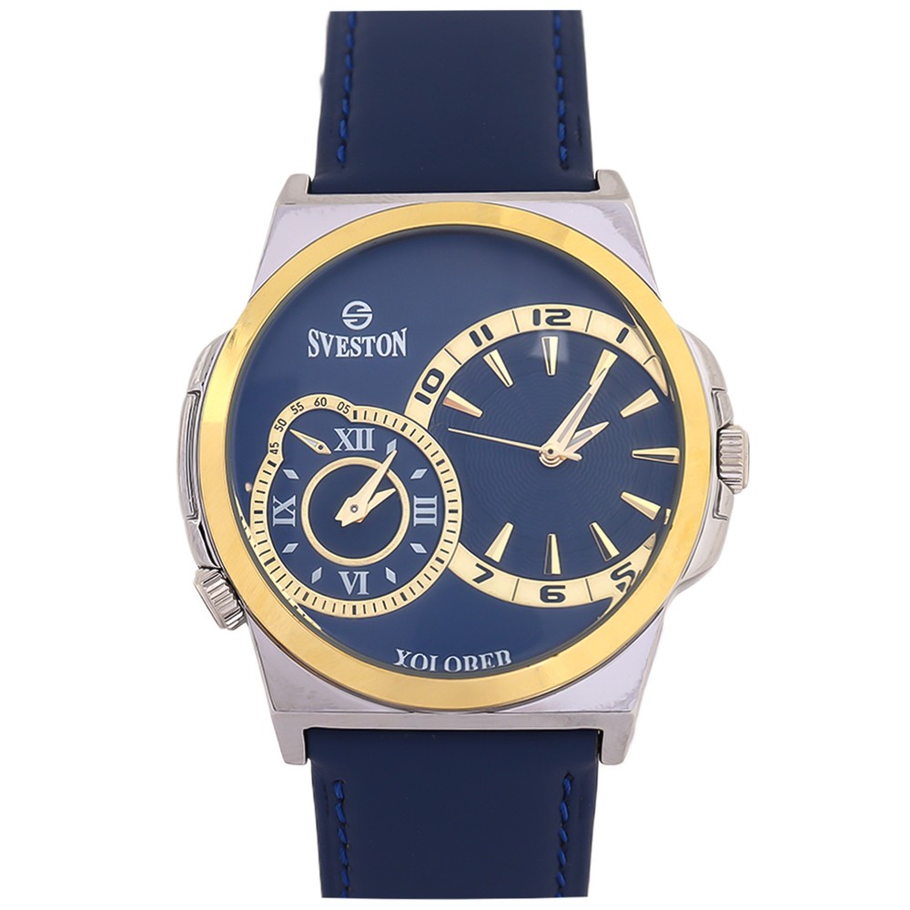Sveston Xplorer Leather Strap Watch For Men In Blue & Golden Color