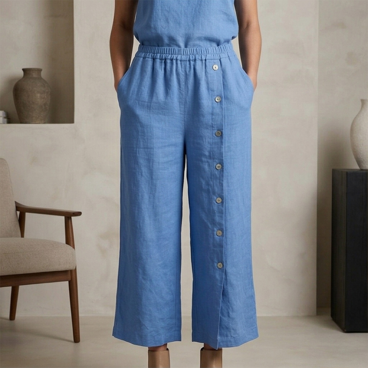 Linen Wide-Leg Pants with Side Buttons