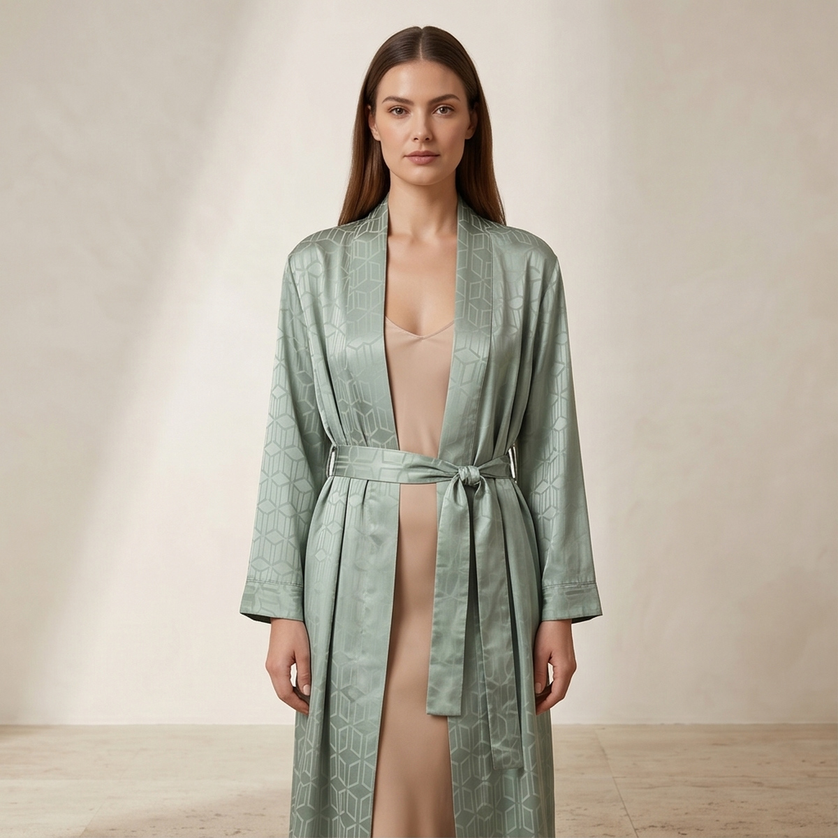 Satin Kimono Robe with Belt - Serene Green