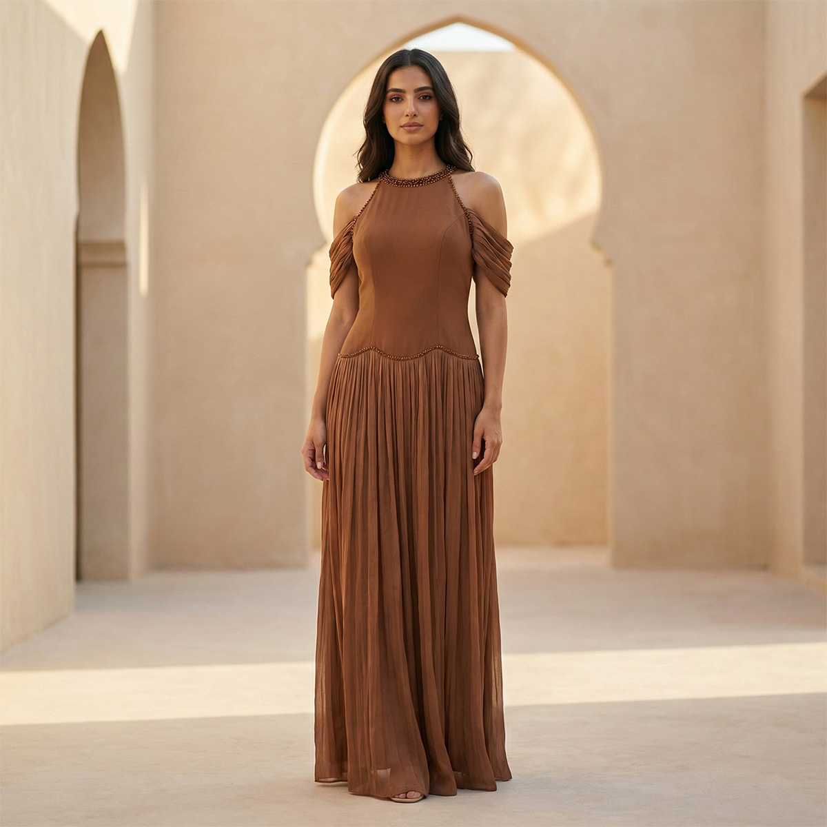 Ladies Off-Shoulder Pleated Maxi Dress Brown