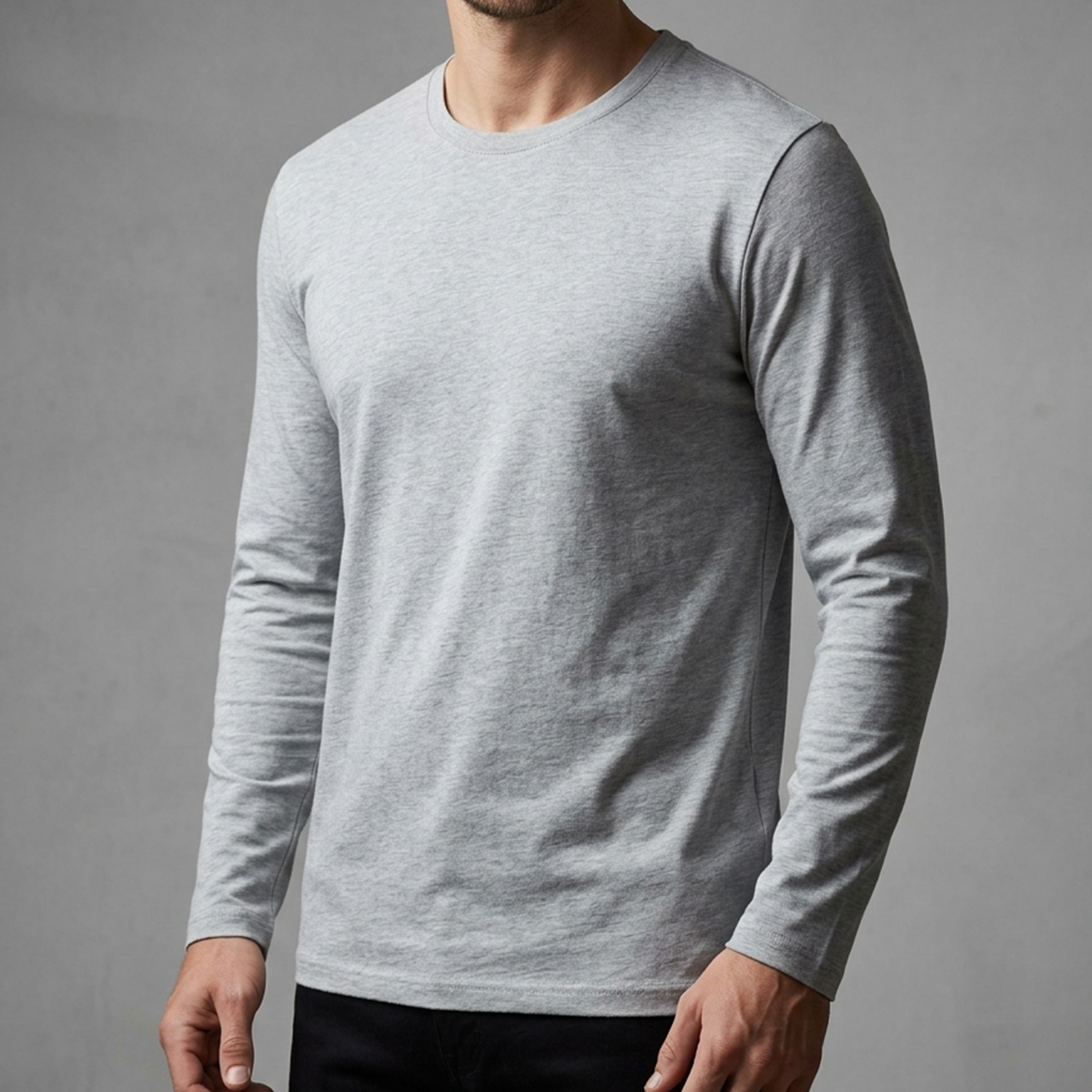 Mens Round Neck T-Shirt Long Sleeve Grey