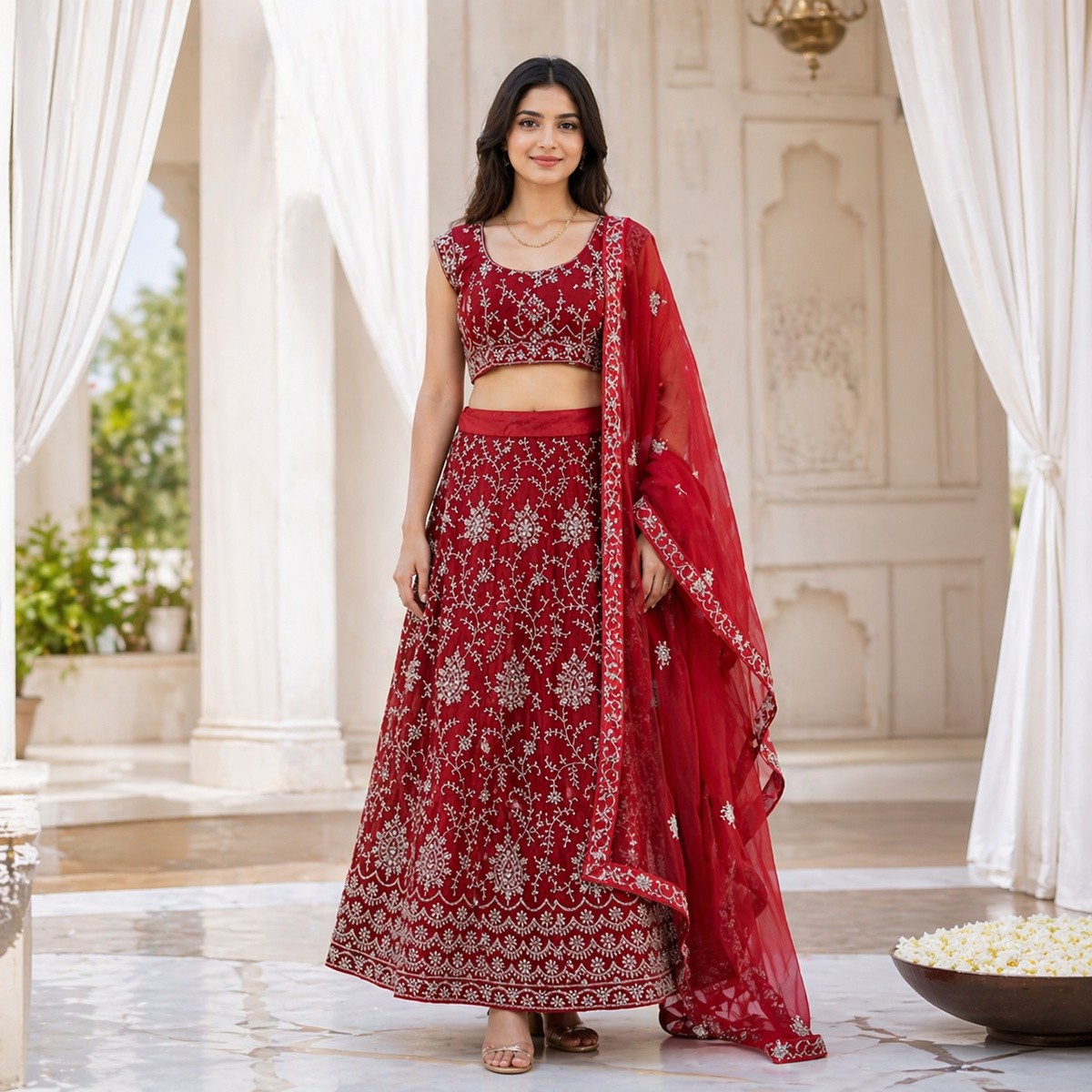 ليهينغا نسائية حمراء بطول 3.5 متر | السيدات | ملابس النساء | Women Ethnic Wear ليهينغا نسائية حمراء بطول 3.5 متر | السيدات | ملابس النساء | Women Ethnic Wear