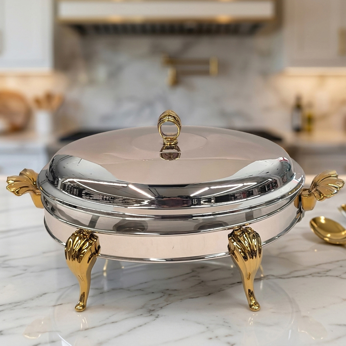 Golden Leged Stainless Steel Food Warmer With Top Lid