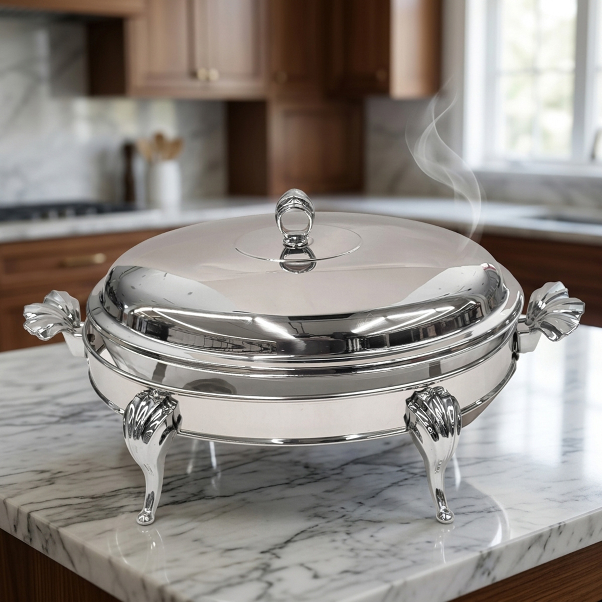 Silver Leged Stainless Steel Food Warmer With Top Lid