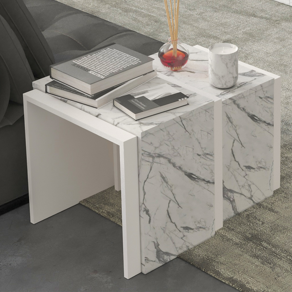 Nesting Table 2 Pieces Set White Marble