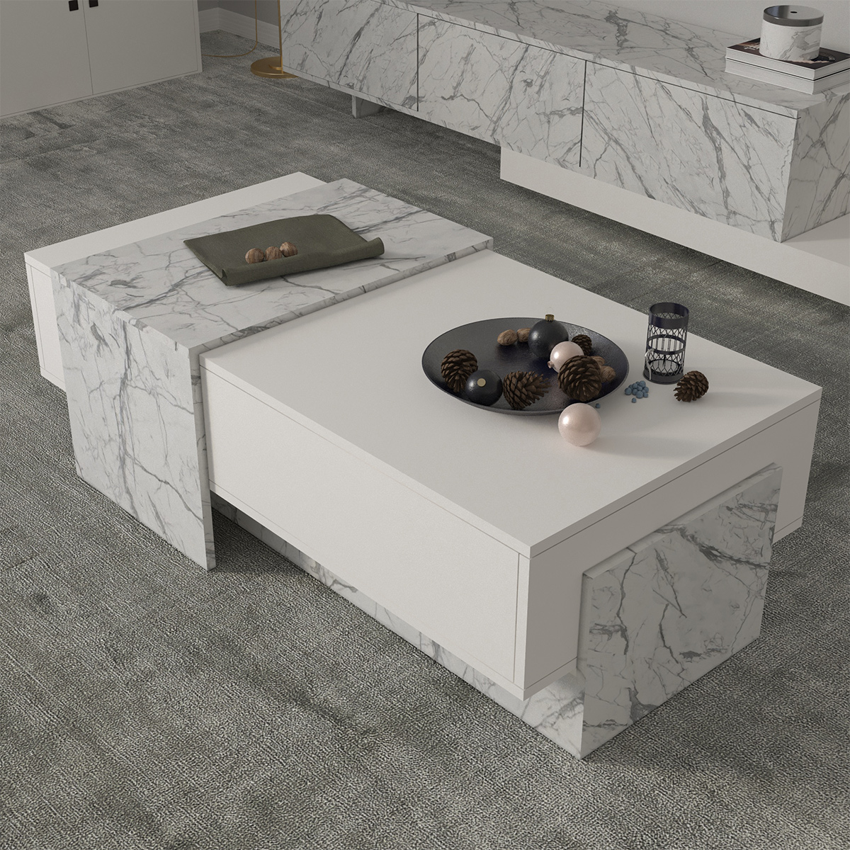 Center Wooden Table 120cm White Marble