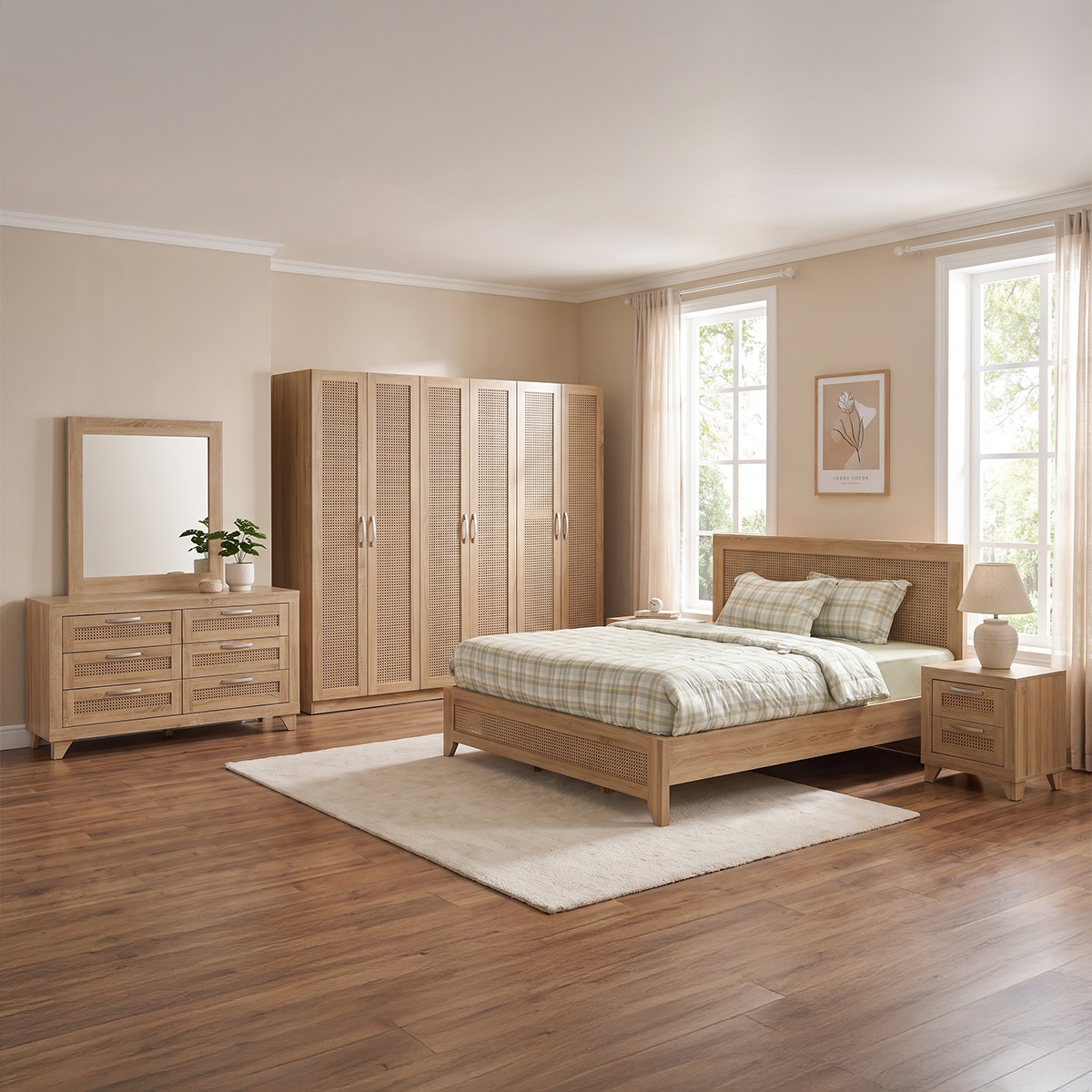 Modern Bedroom Set (Bed Size 180x200cm, 1x6 Door Wardrobe, 2 Night Stand, 1 Dressing Table)
