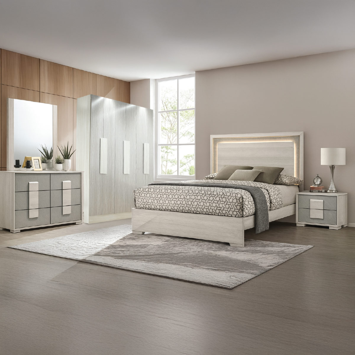 Modern Double Bedroom Set (180x200cm Bed, 1x6 Door Wardrobe, 2 Night Stands, 1 Dressing Table)
