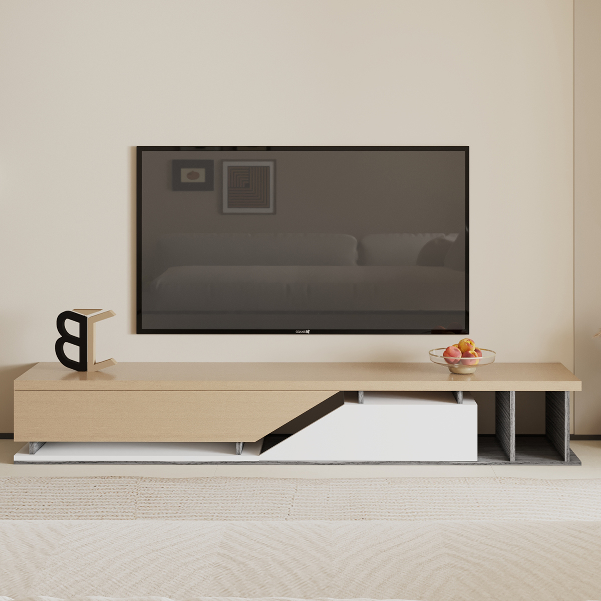 Wooden TV Stand 200cm Beige & White