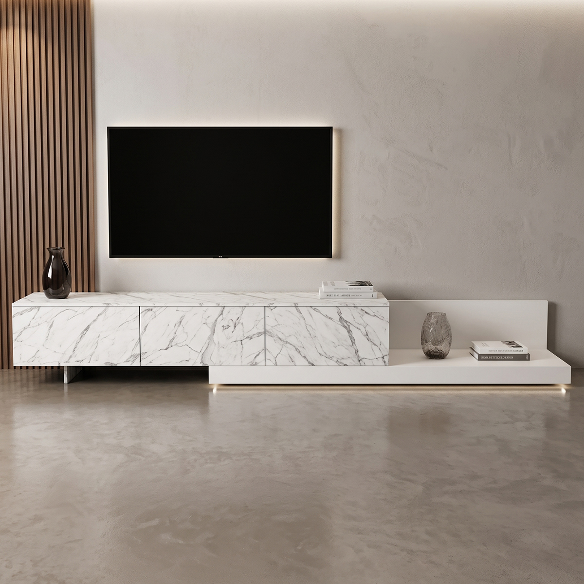 Wooden TV Stand 300cm White Marble