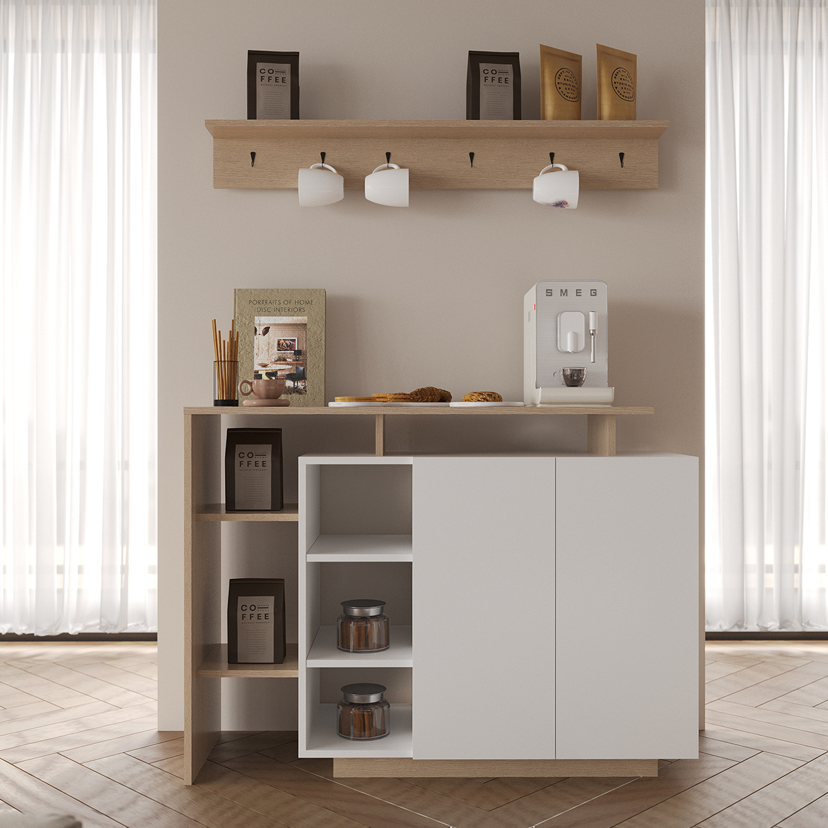Coffee Corner With Shelf 120cm White & Beige