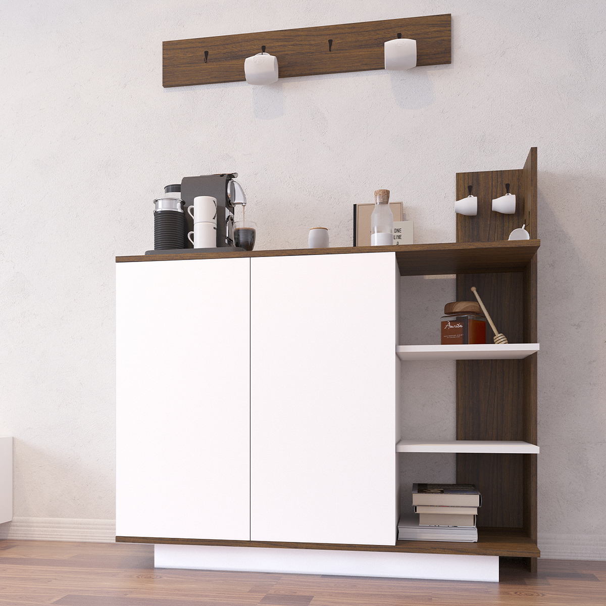 Coffee Corner With Shelf 120cm Brown & White
