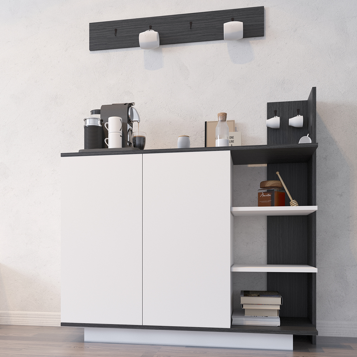 Coffee Corner With Shelf 120cm White & Dark Grey
