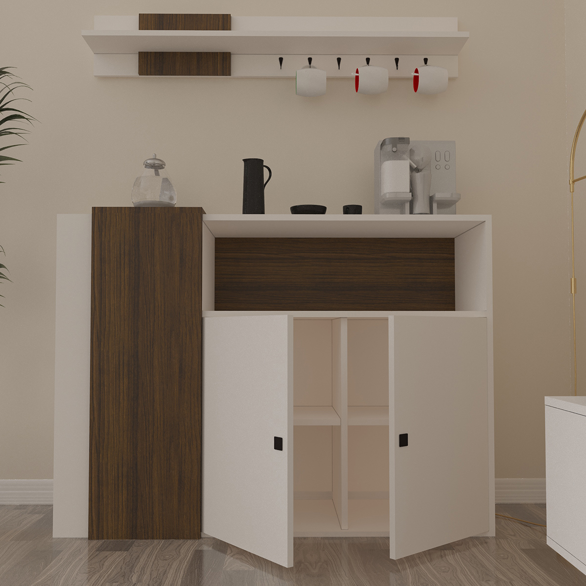 Coffee Corner With Shelf 120cm White & Brown