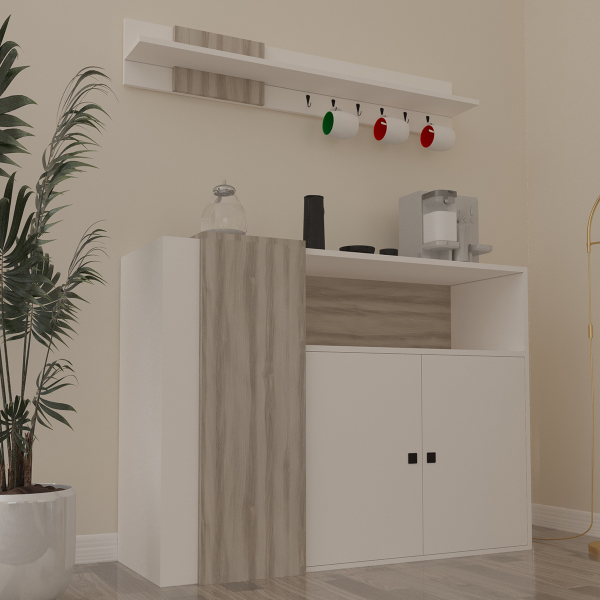 Coffee Corner With Shelf 120cm White & Grey