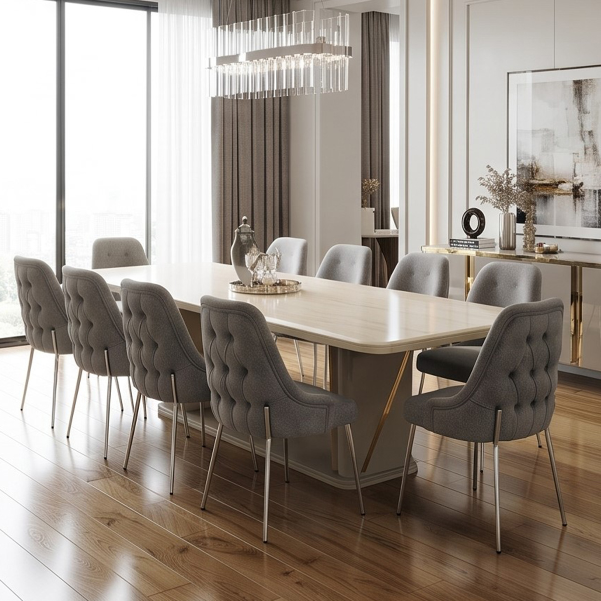 Modern Dining Table Set (1 Table, 10 Chairs) Grey
