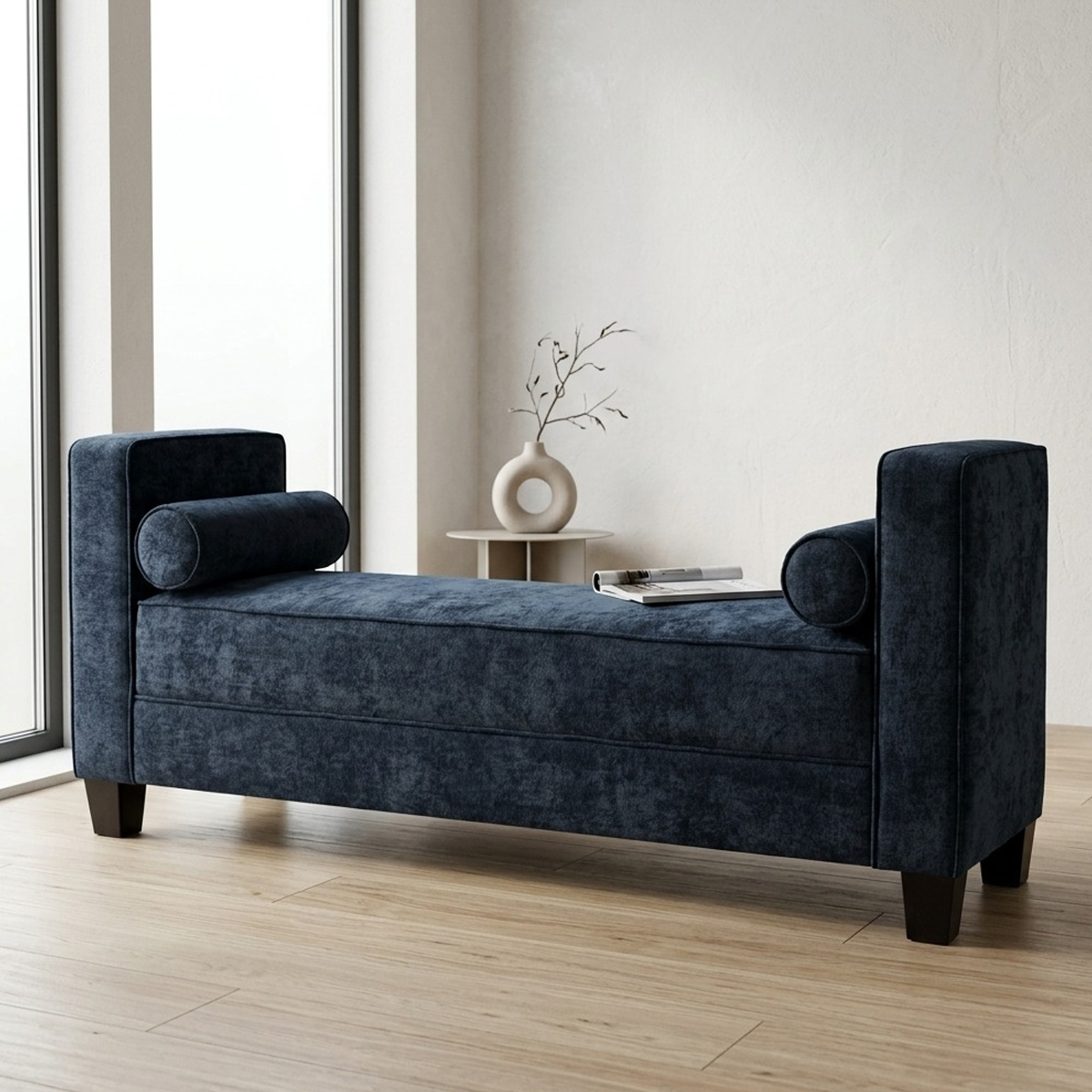 Upholstered Bench With Cylindrical Bolster Pillows