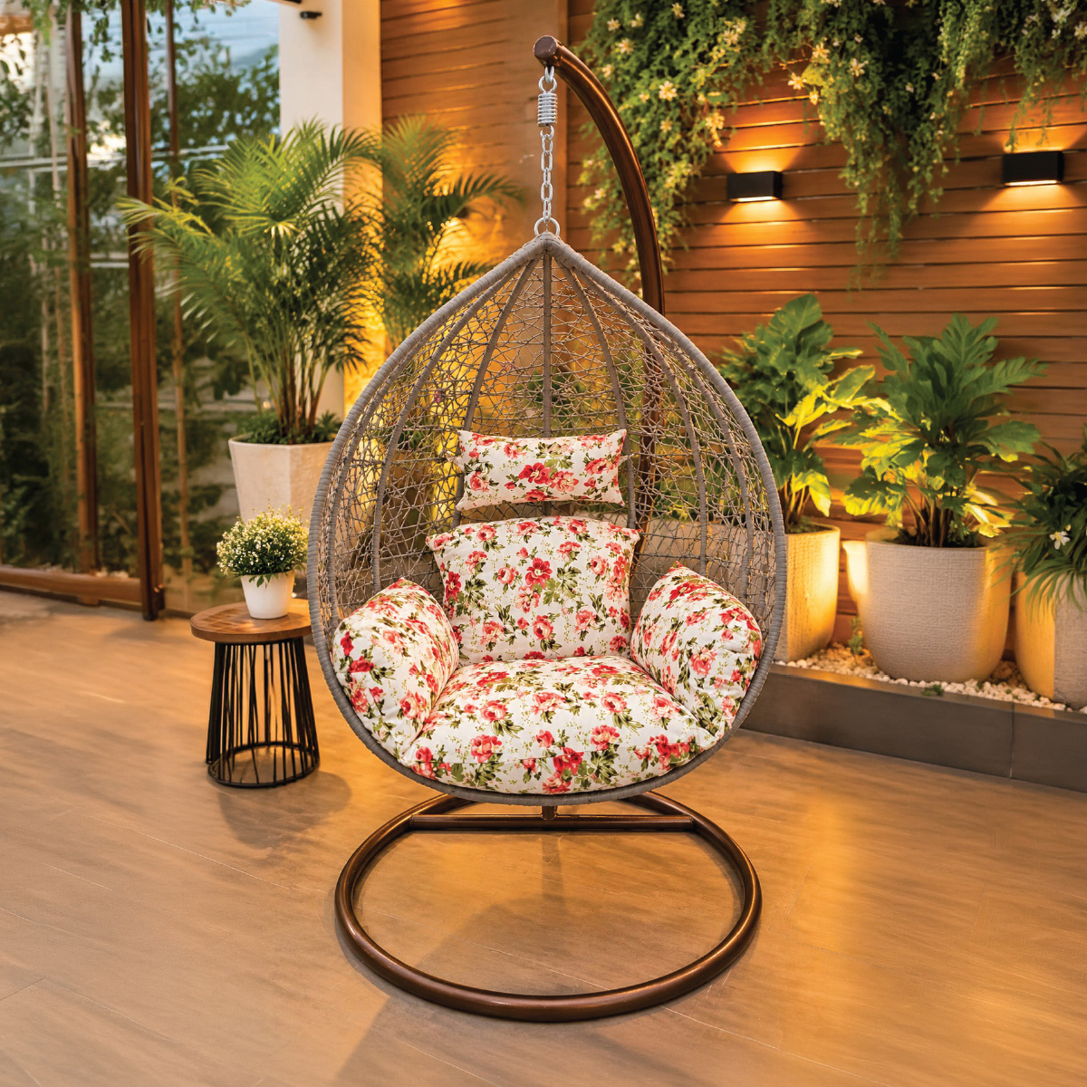 Swing Chair with Floral Cushions