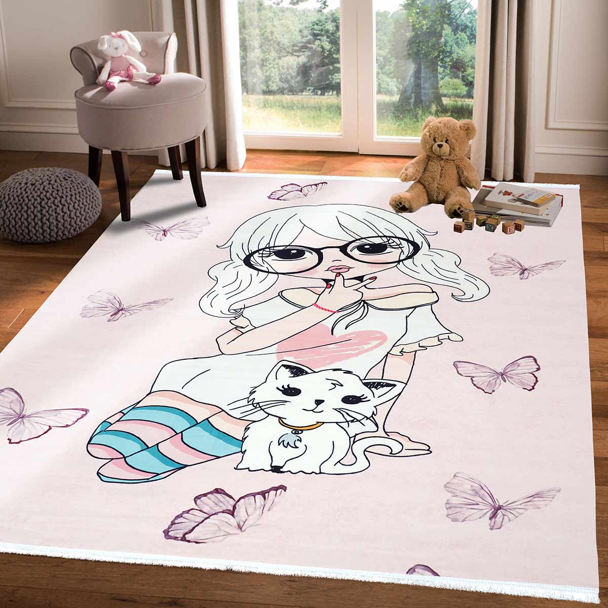 Girl & Cat Character Printed Carpet