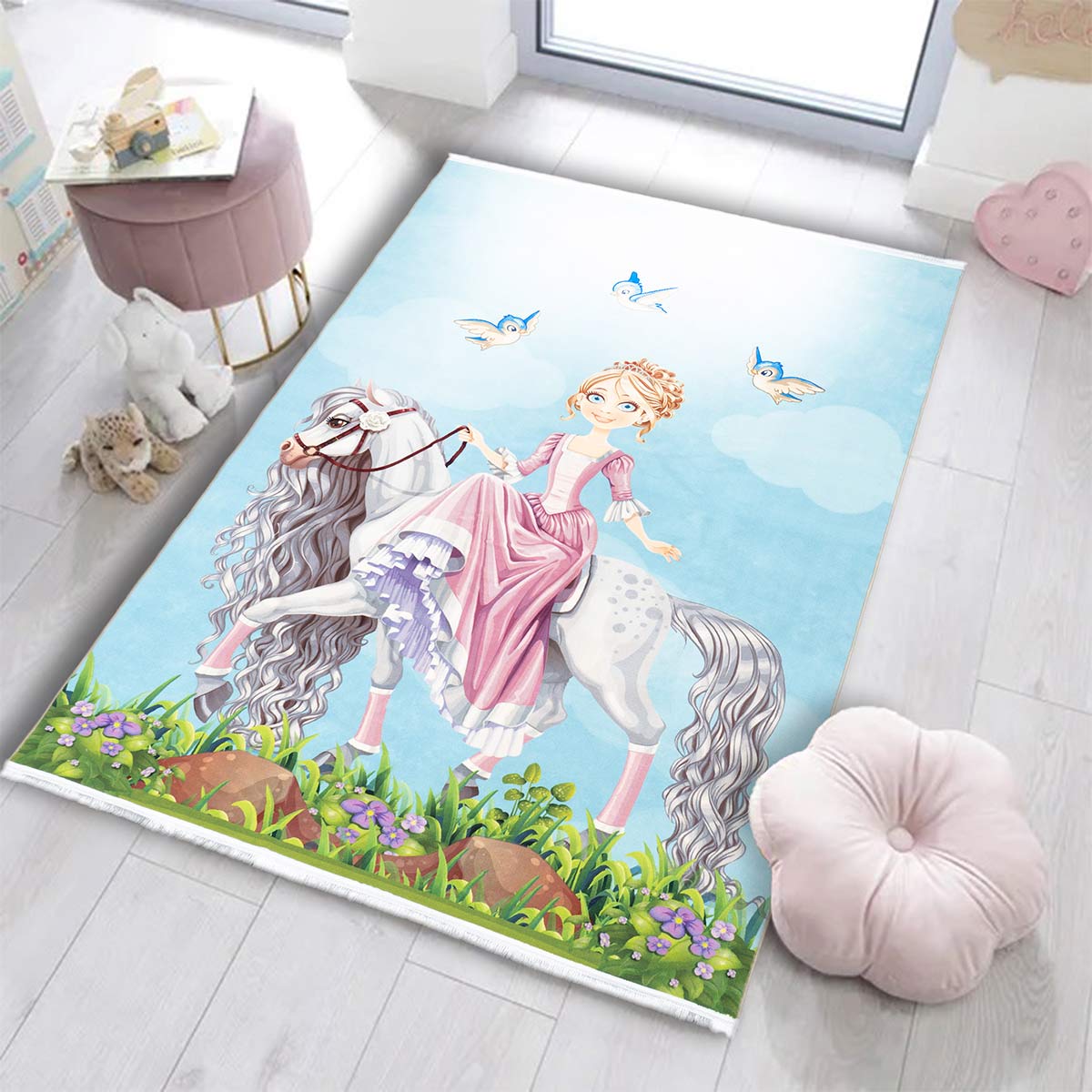 Girl On Horse Character Printed Carpet
