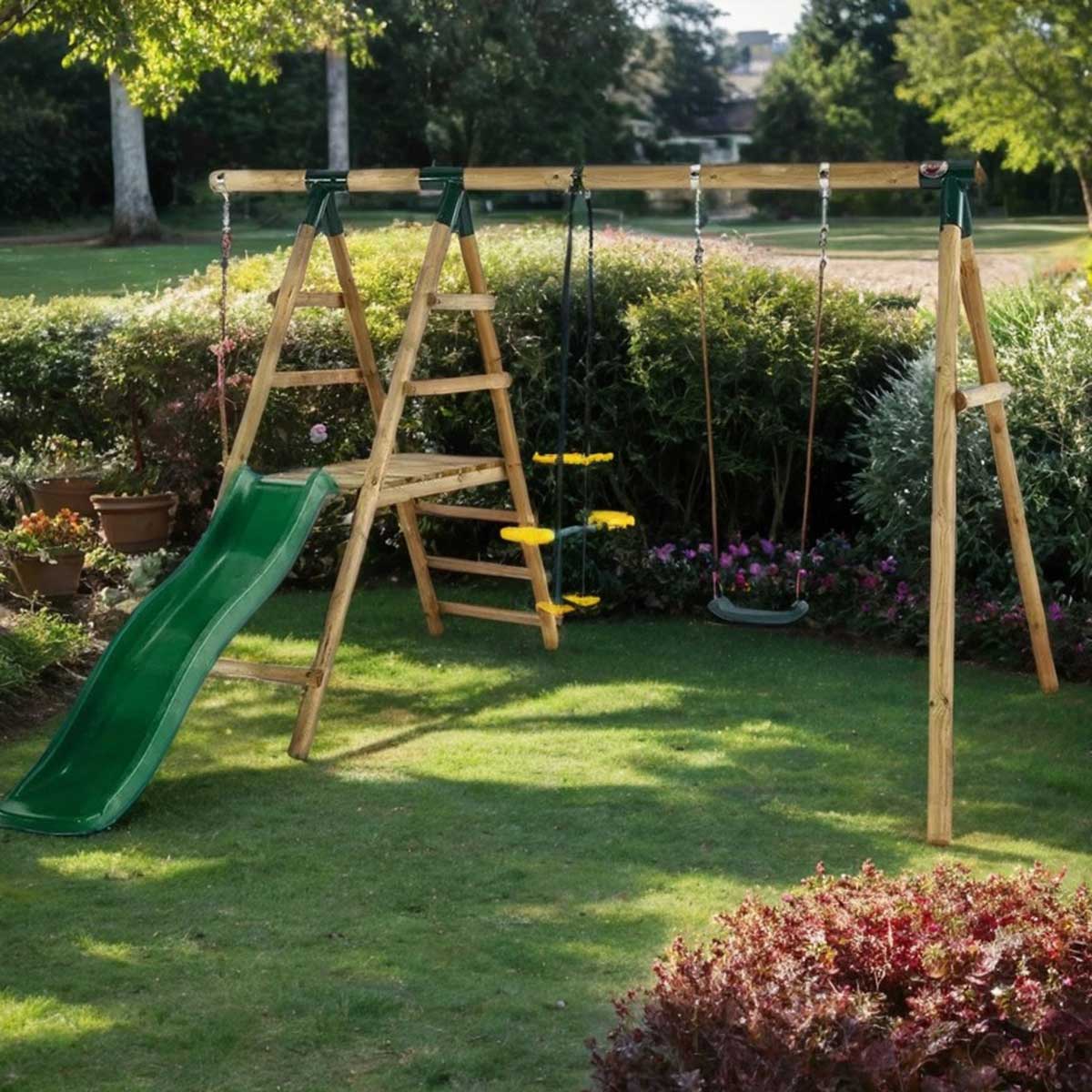 Plum Meerkat Wooden Garden Swing Set And Climbing Frame