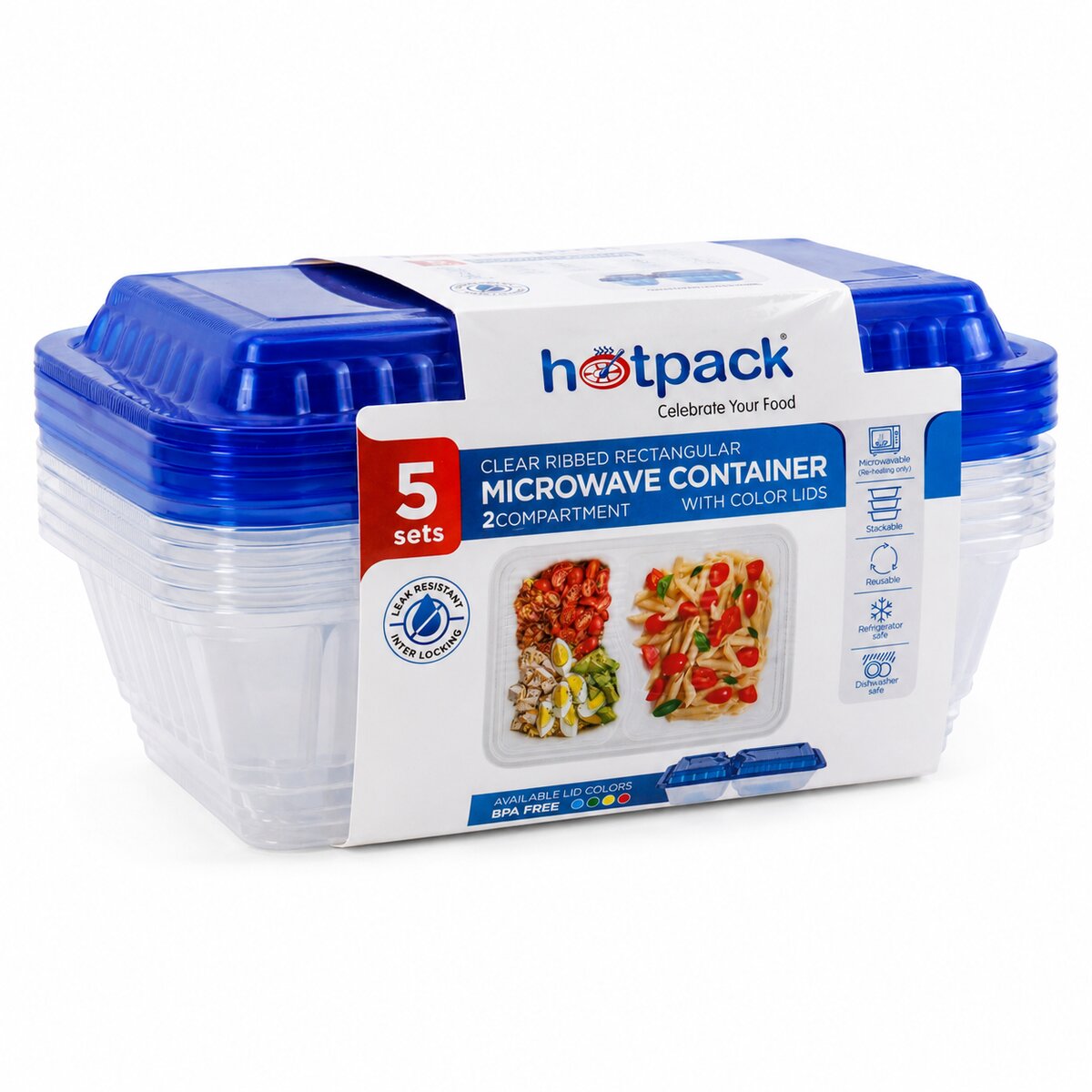 Hotpack Clear Ribbed Rectangular Microwave 2 Compartment Container 1x5 Pieces