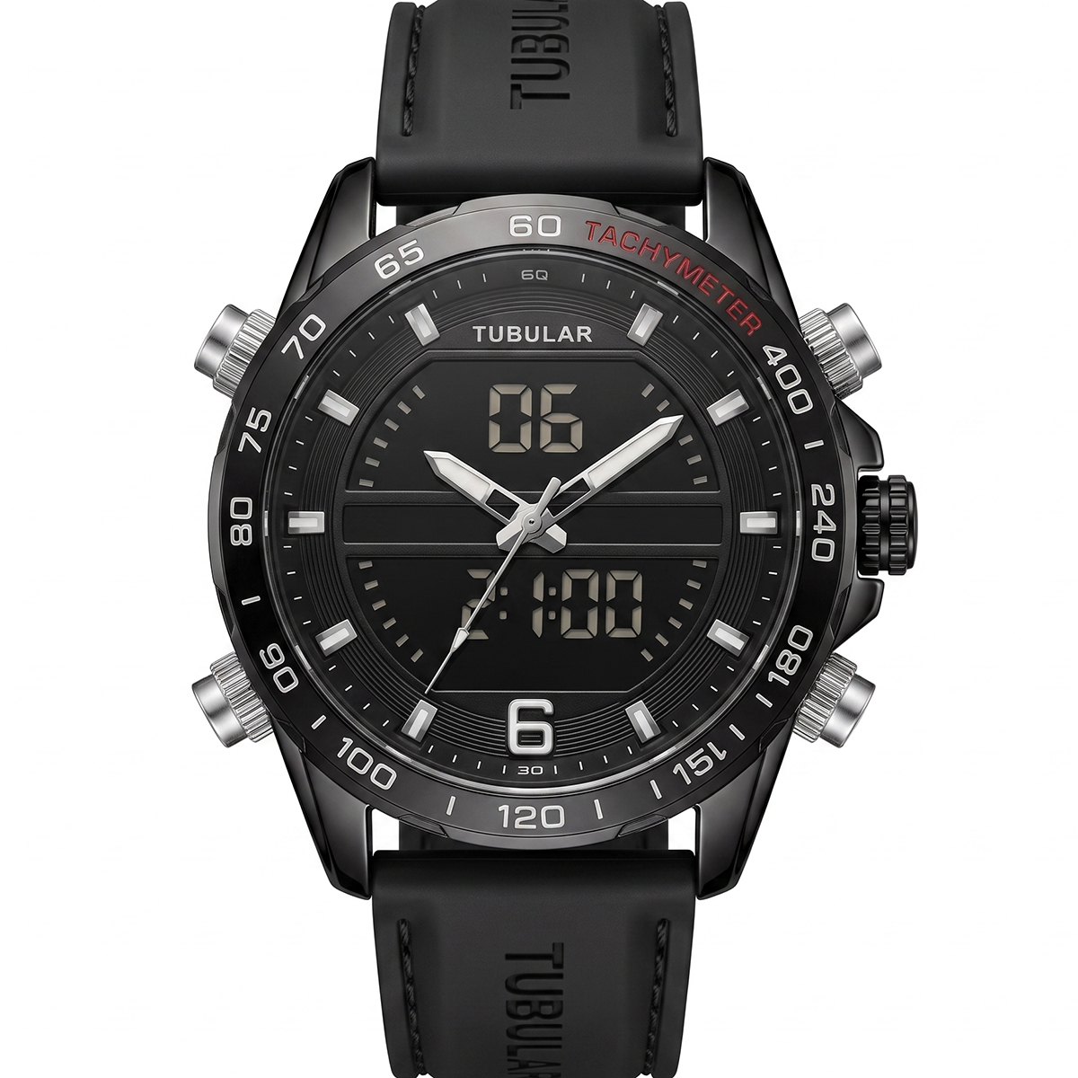 Tubular Black Dial Dual Time Watch With Leather Strap For Men