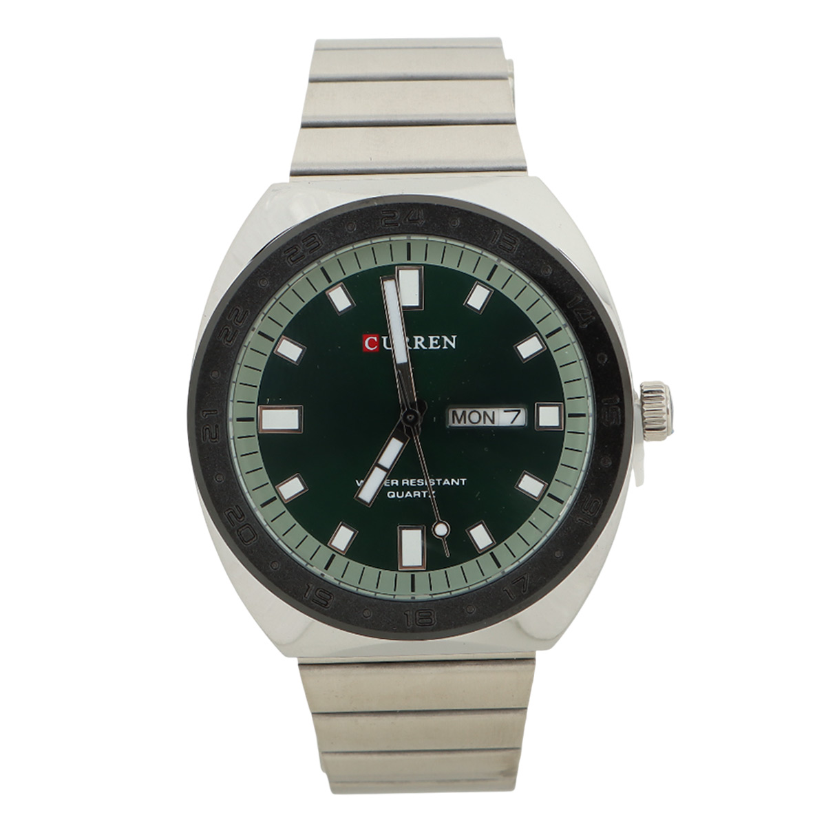 Curren Gents Metal Quartz Watch Silver Round Green Dial With Day & Date Display
