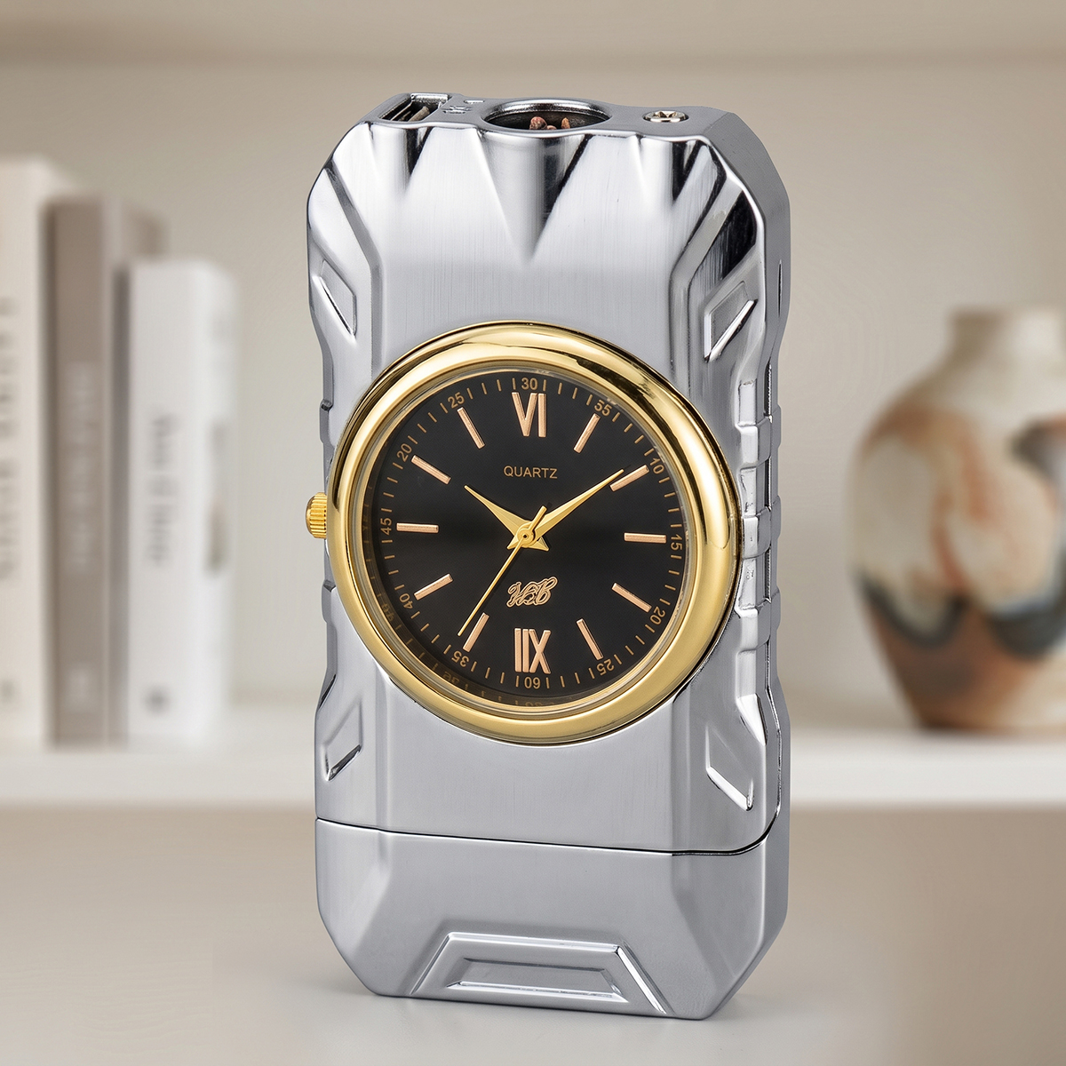Silver Electric Lighter With Analog Watch