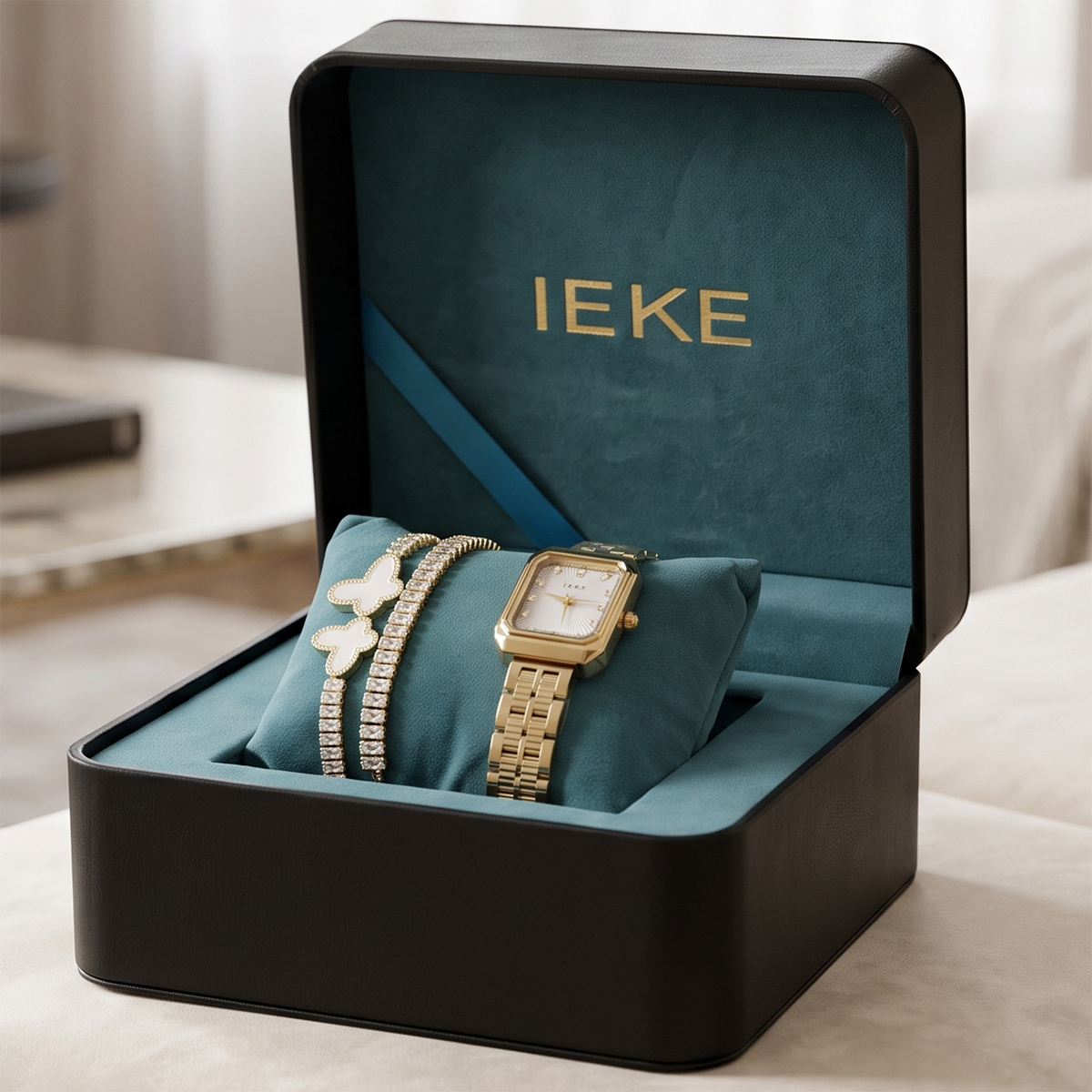 Ieke White Dial Watch & Crystal Bracelet Gift Set For Women
