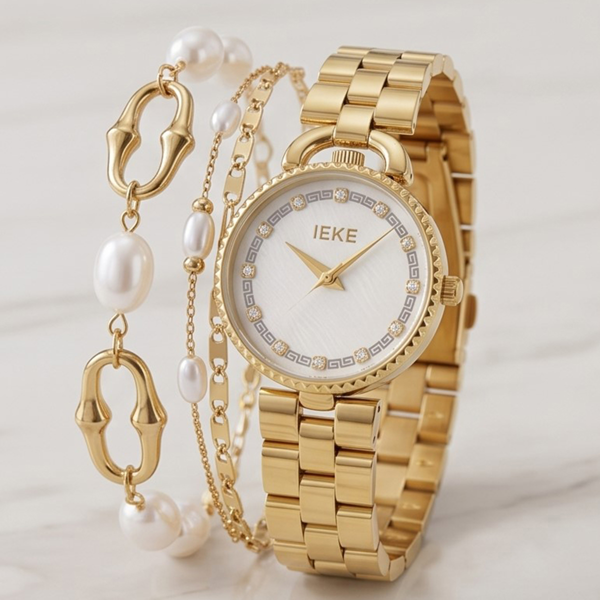 Ieke Golden Tone White Dial Watch & Bracelet Gift Set For Women