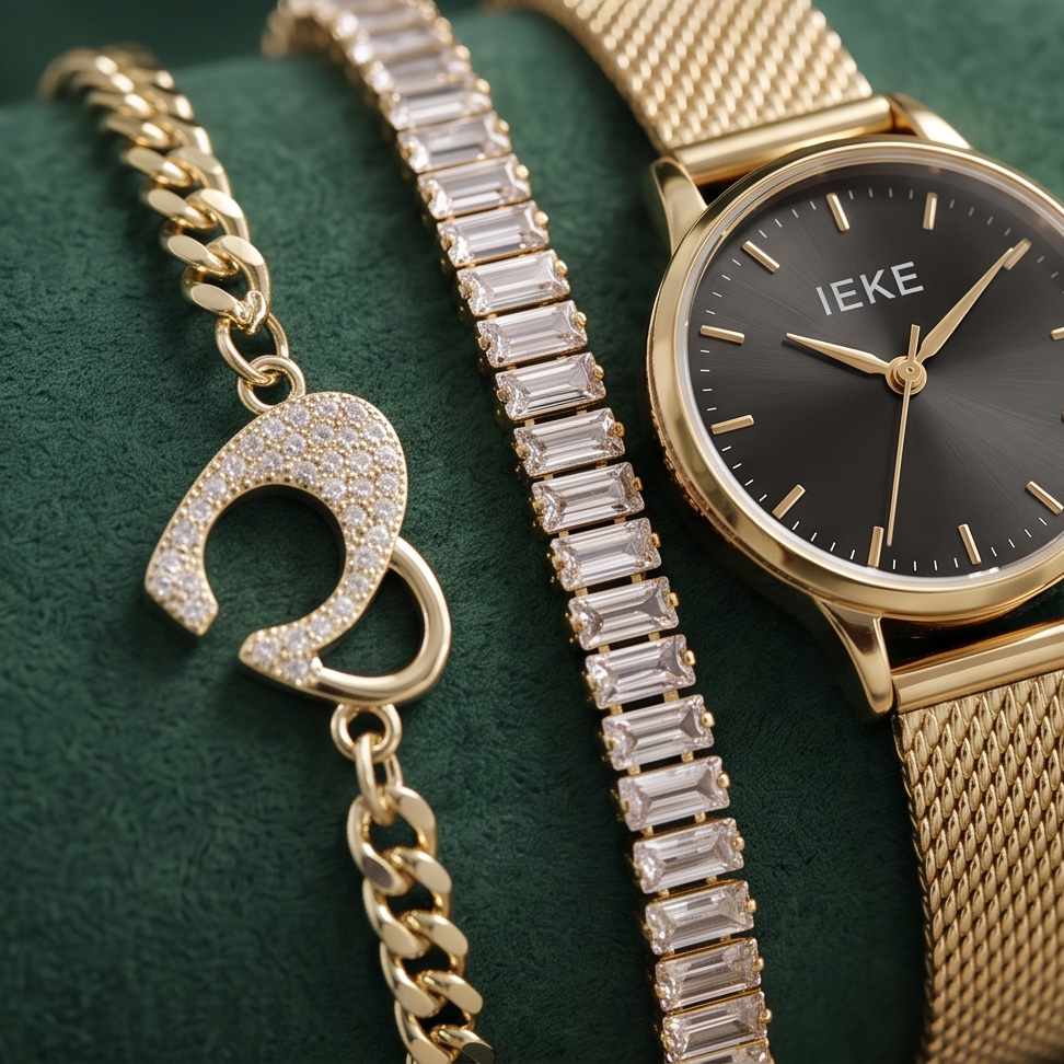 Ieke Golden Tone Black Dial Watch & Bracelet Gift Set For Women