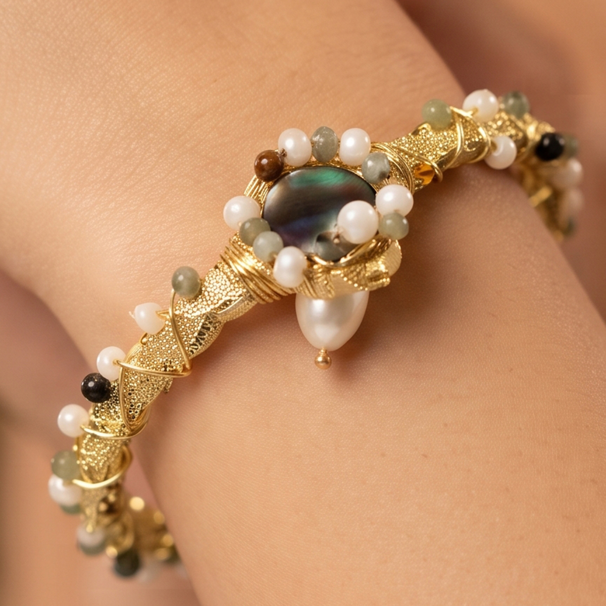 Golden Bracelet with Gemstones and Pearls