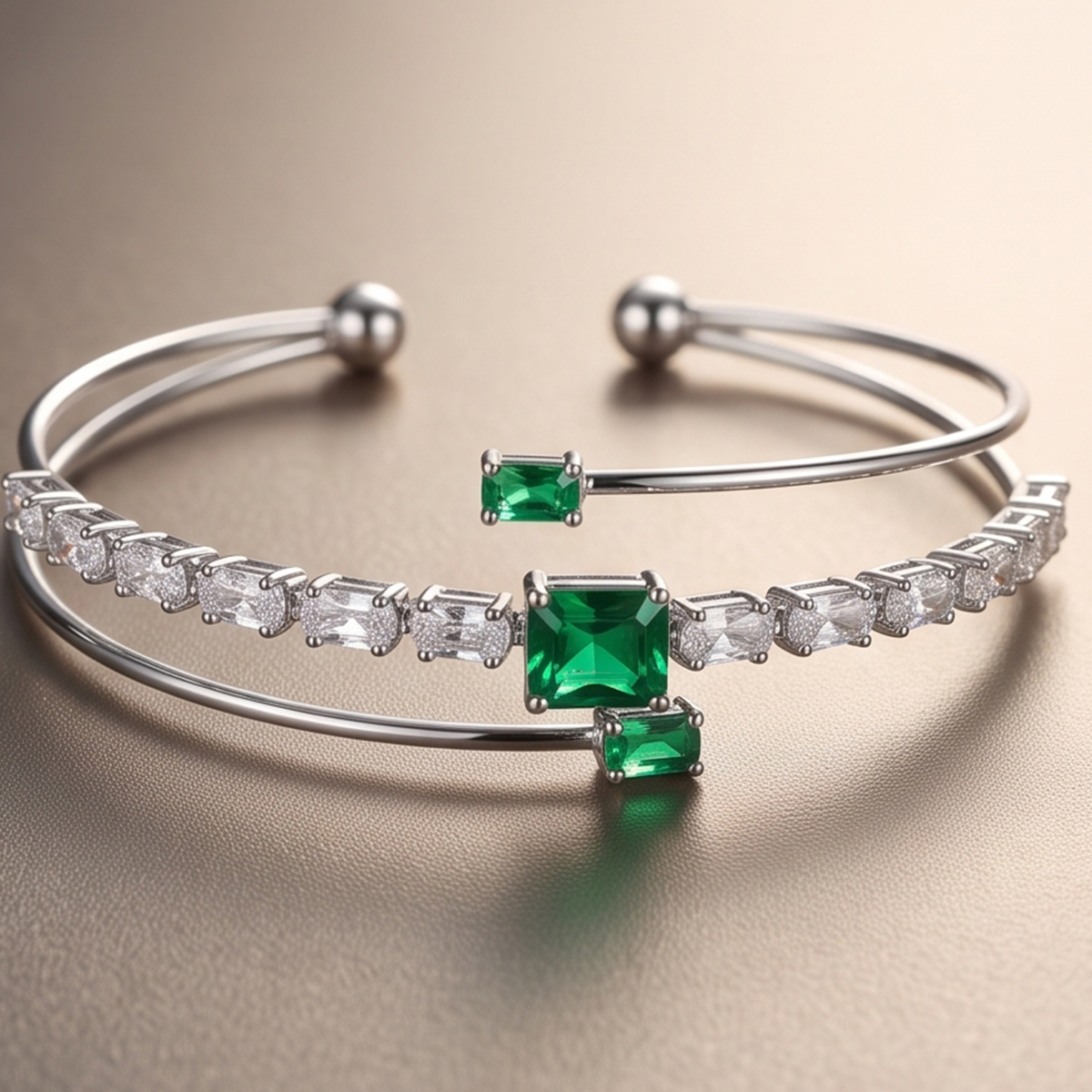 Silver Bangle with Clear and Green Stones