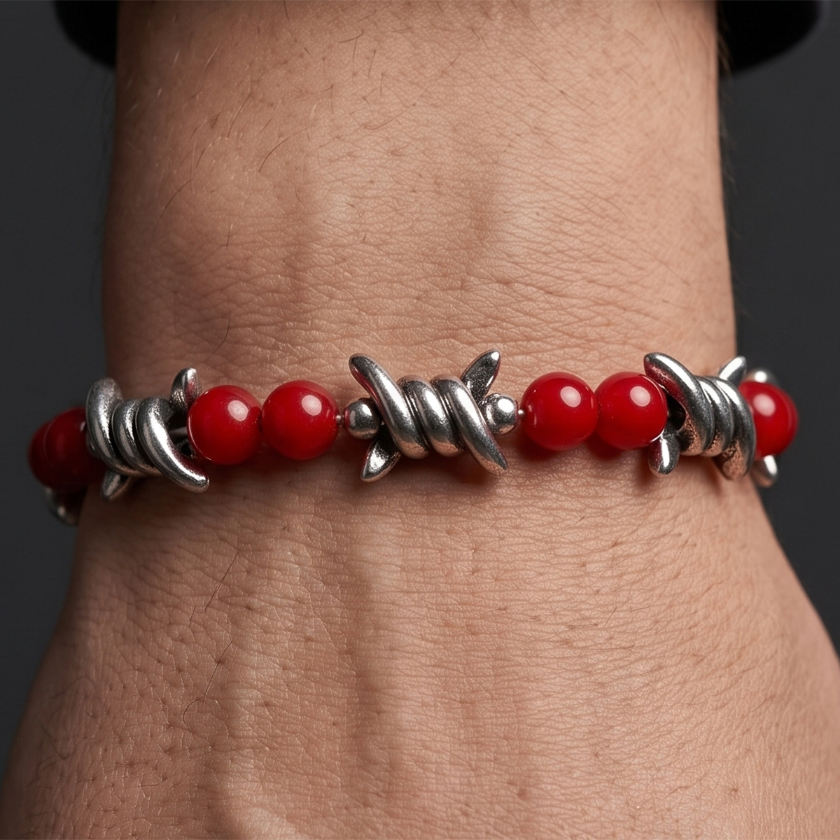 Mens Bracelet With Red Beads And Silver Accents