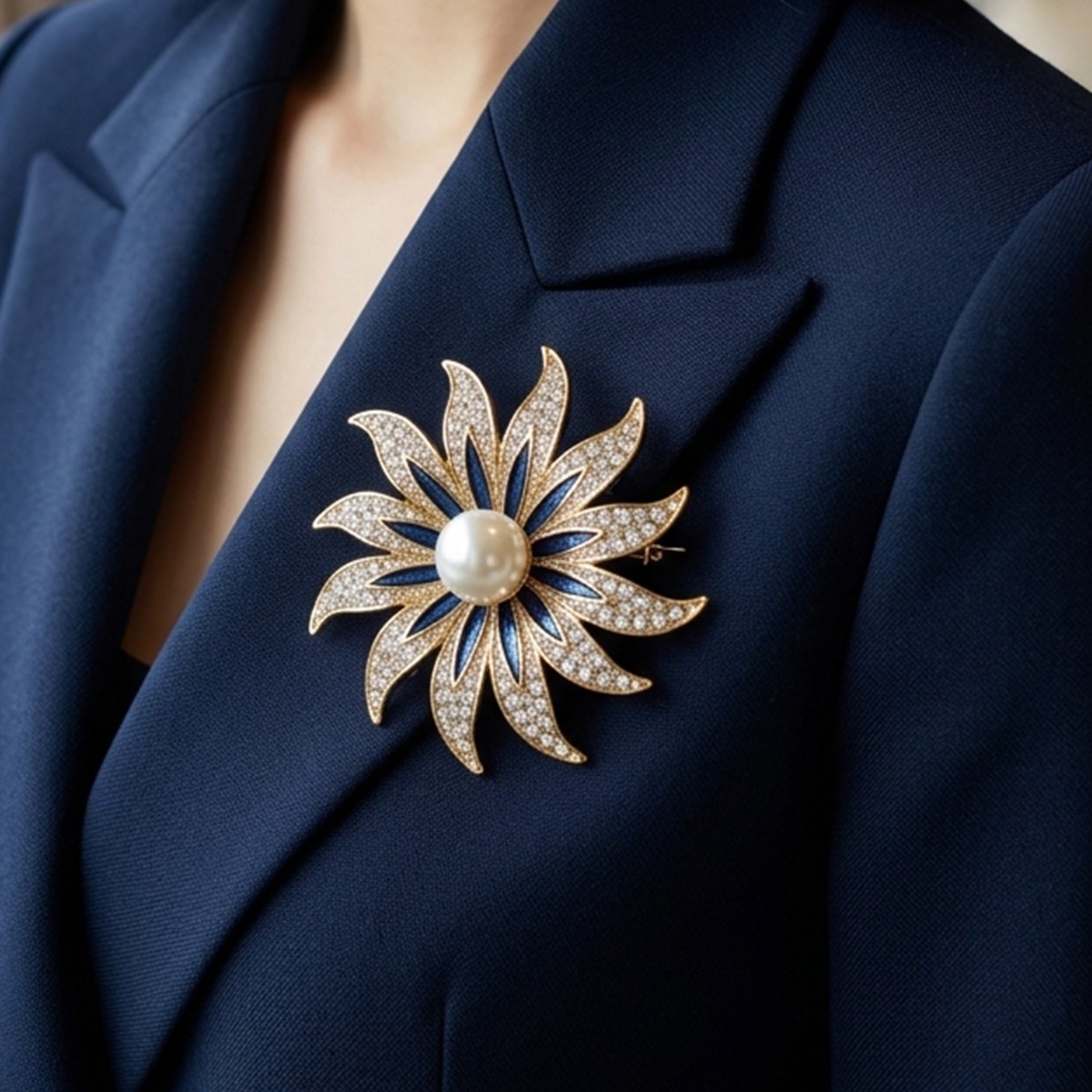 Elegant Sunburst Brooch with Crystals and Pearl