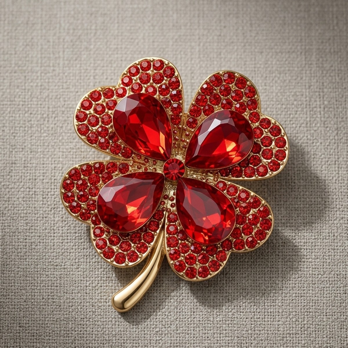 Four-Leaf Clover Brooch with Red Gemstones